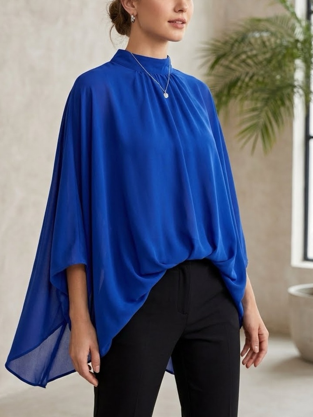 Chiffon High-Neck Draped Blouse in Cobalt Blue